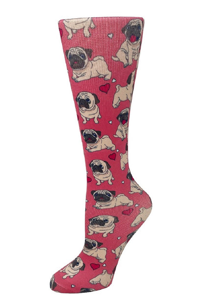 Women's knee-high wide calf compression socks in Playful Pugs print - Cutieful 10-18 mmHg moderate graduated compression for nurses and healthcare workers.
