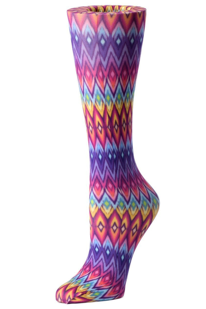 Women's knee-high wide calf compression socks in Rainbow Diamond print - Cutieful 10-18 mmHg moderate graduated compression for nurses and healthcare workers.