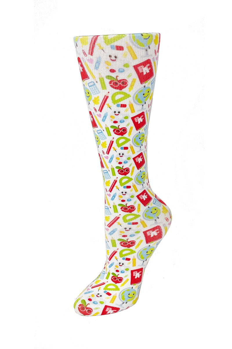 Women's knee-high wide calf compression socks in School Days print - Cutieful 10-18 mmHg moderate graduated compression for nurses and healthcare workers.