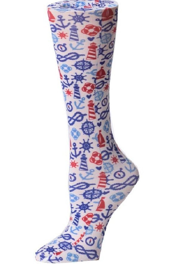 Women's knee-high wide calf compression socks in Seabound print - Cutieful 10-18 mmHg moderate graduated compression for nurses and healthcare workers.