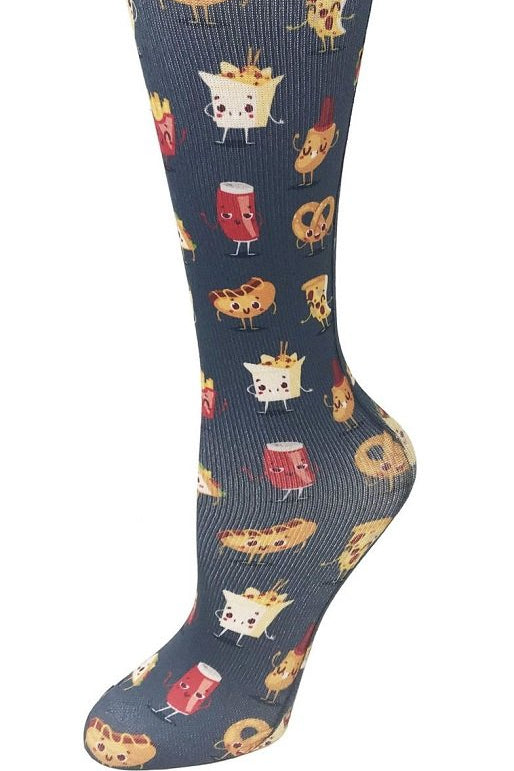 Women's knee-high wide calf compression socks in Snacktime print - Cutieful 10-18 mmHg moderate graduated compression for nurses and healthcare workers.