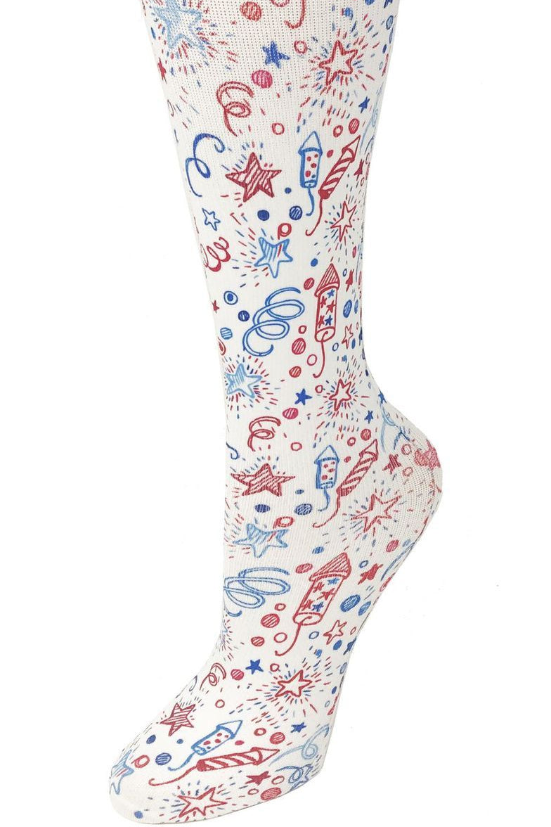 Women's knee-high wide calf compression socks in Streamers print - Cutieful 10-18 mmHg moderate graduated compression for nurses and healthcare workers.