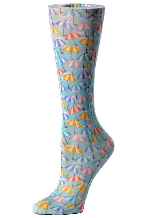 Women's knee-high wide calf compression socks in Striped Umbrella print - Cutieful 10-18 mmHg moderate graduated compression for nurses and healthcare workers.