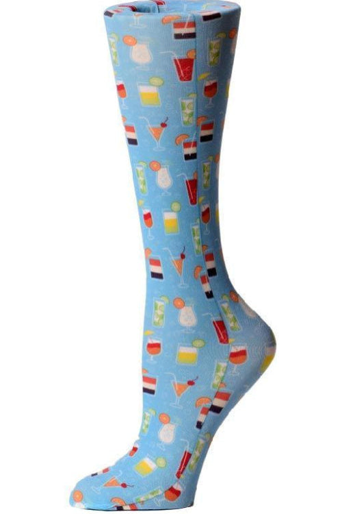 Women's knee-high wide calf compression socks in Summer Drinks print - Cutieful 10-18 mmHg moderate graduated compression for nurses and healthcare workers.
