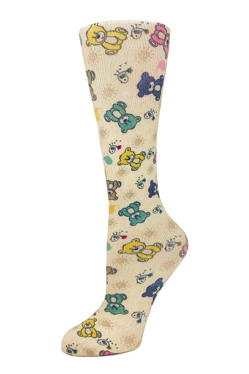 Women's knee-high wide calf compression socks in Teddy Bears print - Cutieful 10-18 mmHg moderate graduated compression for nurses and healthcare workers.