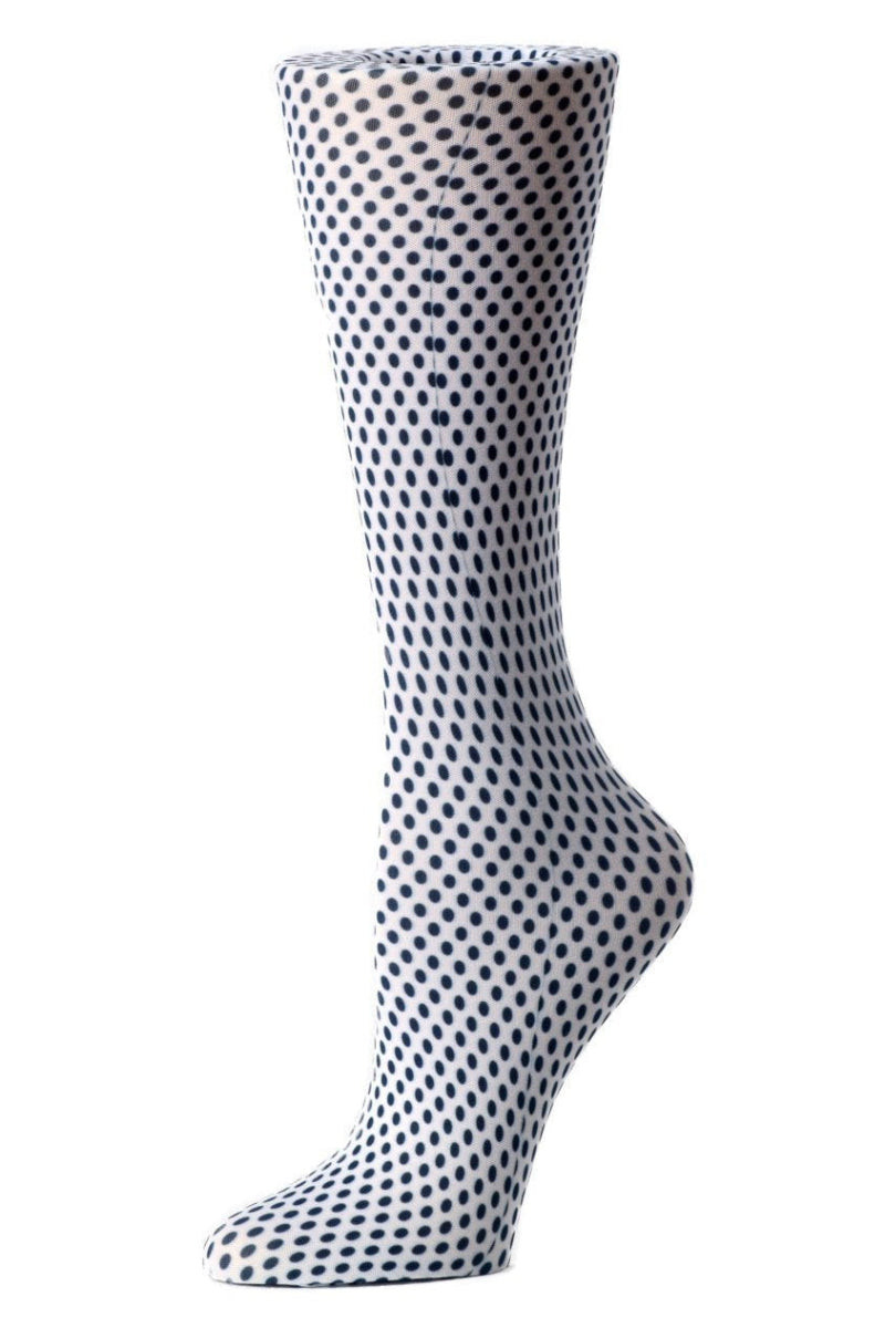 Women's knee-high wide calf compression socks in Traditional Polka Dot print - Cutieful 10-18 mmHg moderate graduated compression for nurses and healthcare workers.