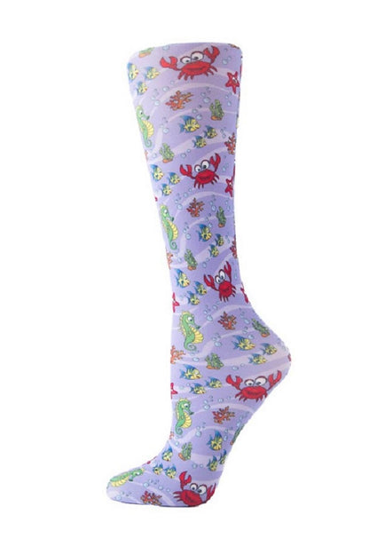 Women's knee-high wide calf compression socks in Under The Sea print - Cutieful 10-18 mmHg moderate graduated compression for nurses and healthcare workers.