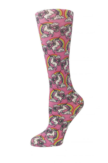 Women's knee-high wide calf compression socks in Unicorns print - Cutieful 10-18 mmHg moderate graduated compression for nurses and healthcare workers.
