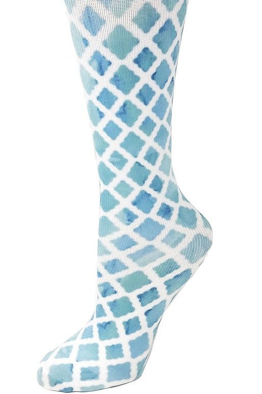 Women's knee-high wide calf compression socks in Watercolor Lattice print - Cutieful 10-18 mmHg moderate graduated compression for nurses and healthcare workers.