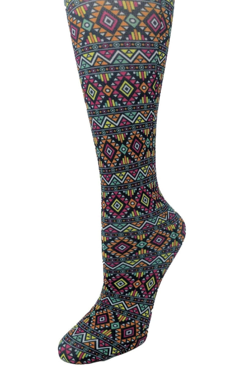 Women's knee-high wide calf compression socks in Azteca print - Cutieful 10-18 mmHg moderate graduated compression for nurses and healthcare workers.