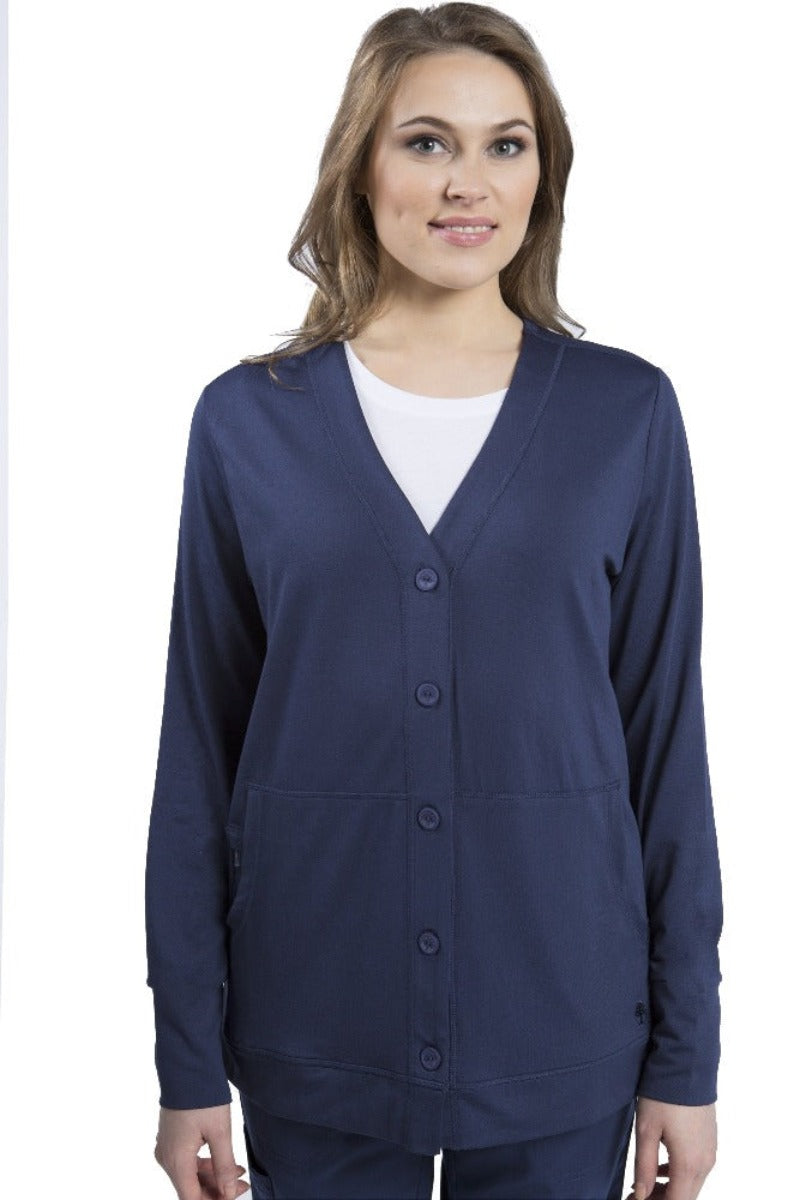 Healing Hands Becca Scrub Jacket in Navy with button-front V-neck silhouette