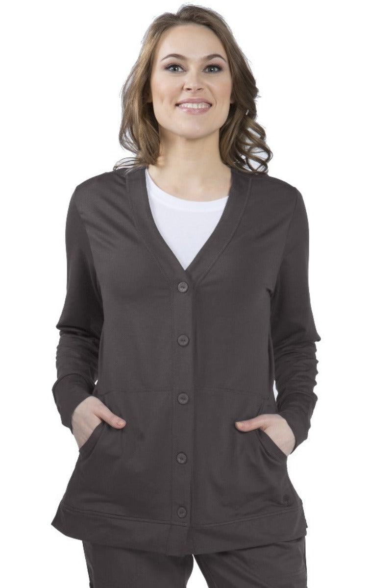 Healing Hands Becca Scrub Jacket in Pewter grey with button-front V-neck silhouette