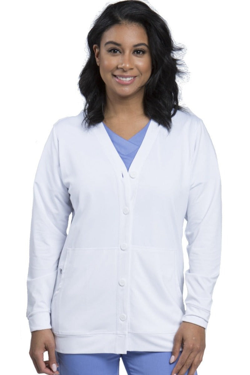 Healing Hands Becca Scrub Jacket in White with button-front V-neck silhouette