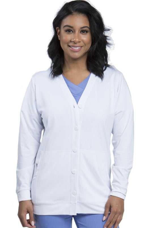 Healing Hands Becca Scrub Jacket in White with button-front V-neck silhouette