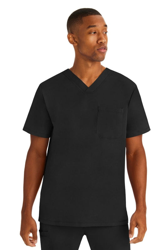 Black Healing Hands HH Works Mason men's v-neck scrub top with chest pocket and side slits.
