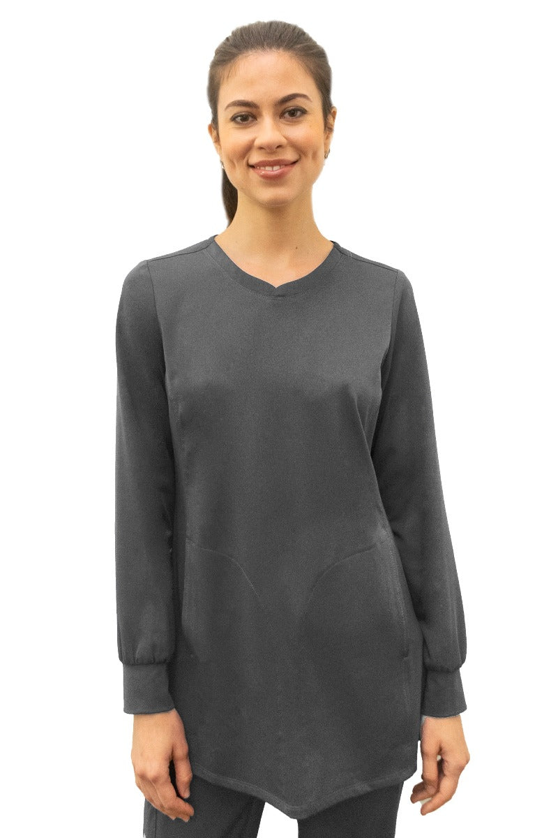 Healing Hands HH Works 4001 Fatima Long Sleeve Scrub Top in Pewter Grey.
