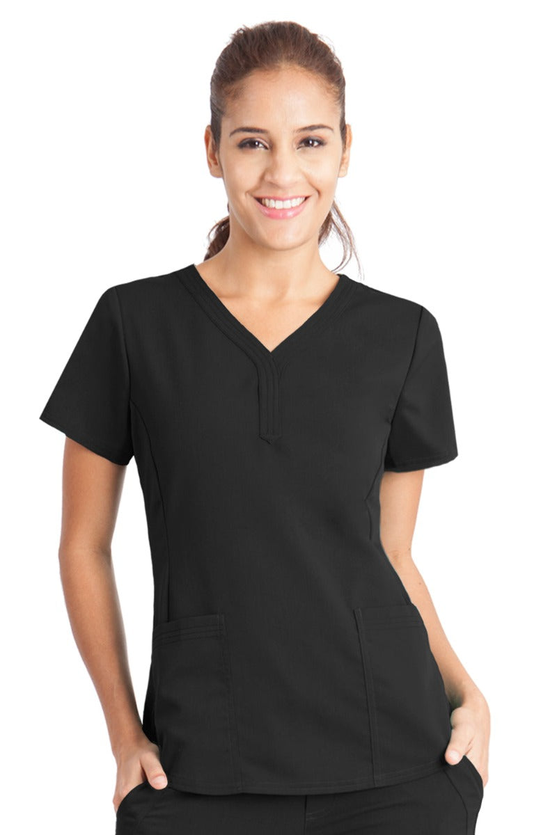 Healing Hands Purple Label Jane 2167 Women's Scrub Top in Black — Y-shaped neckline, modern tailored fit, triple-needle stitching.
