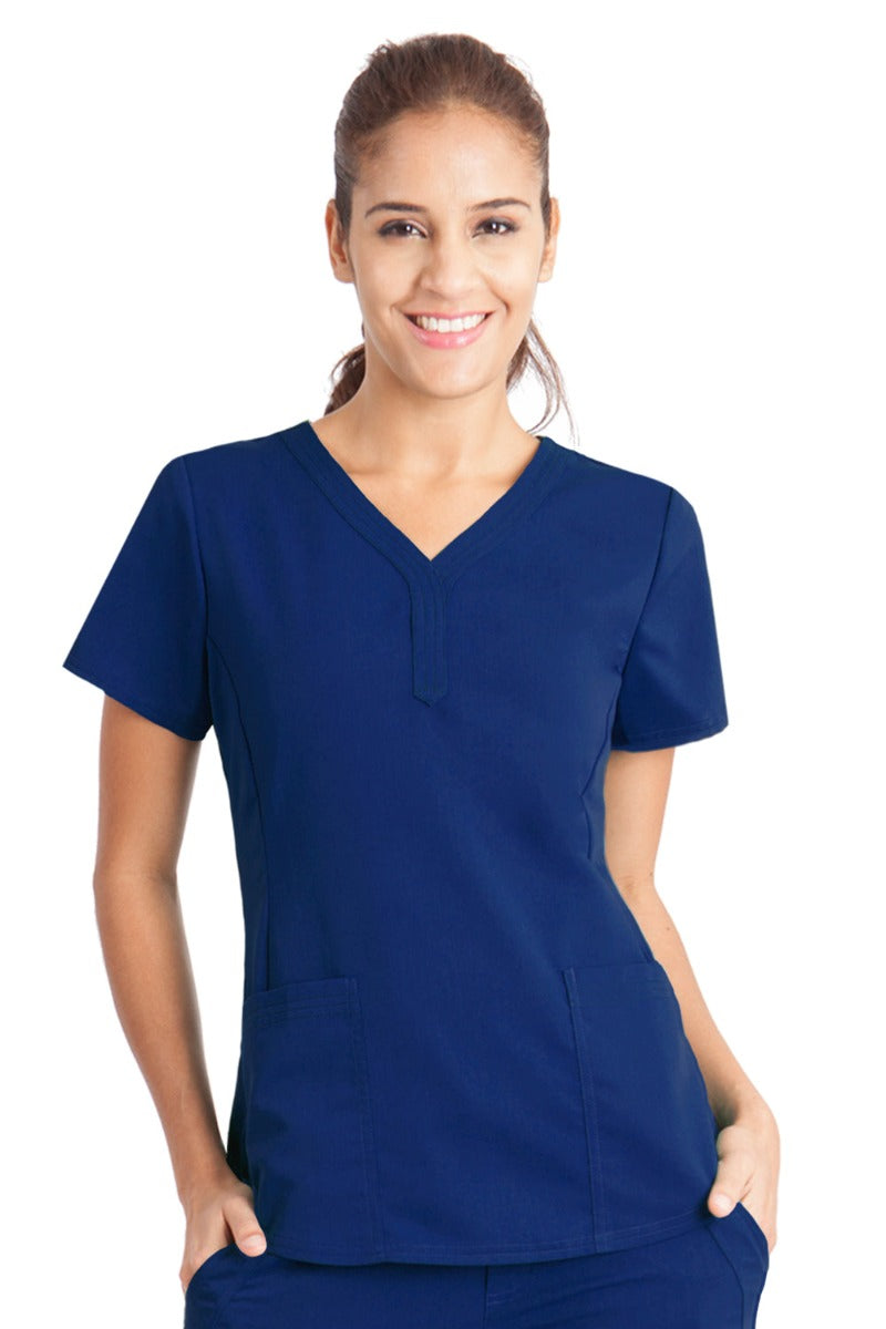 Healing Hands Purple Label Jane 2167 Women's Scrub Top in Navy blue — Y-shaped neckline, modern tailored fit, triple-needle stitching.
