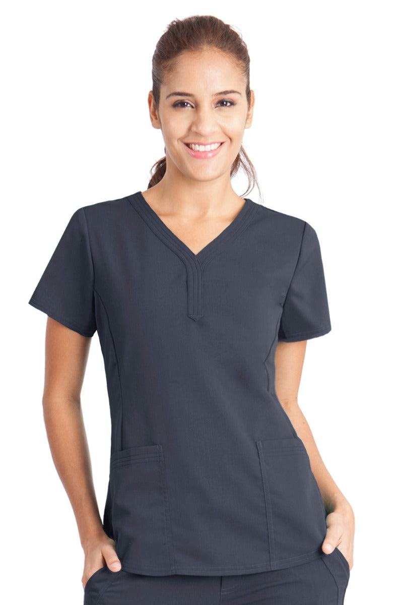Healing Hands Purple Label Jane 2167 Women's Scrub Top in Pewter grey — Y-shaped neckline, modern tailored fit, triple-needle stitching.
