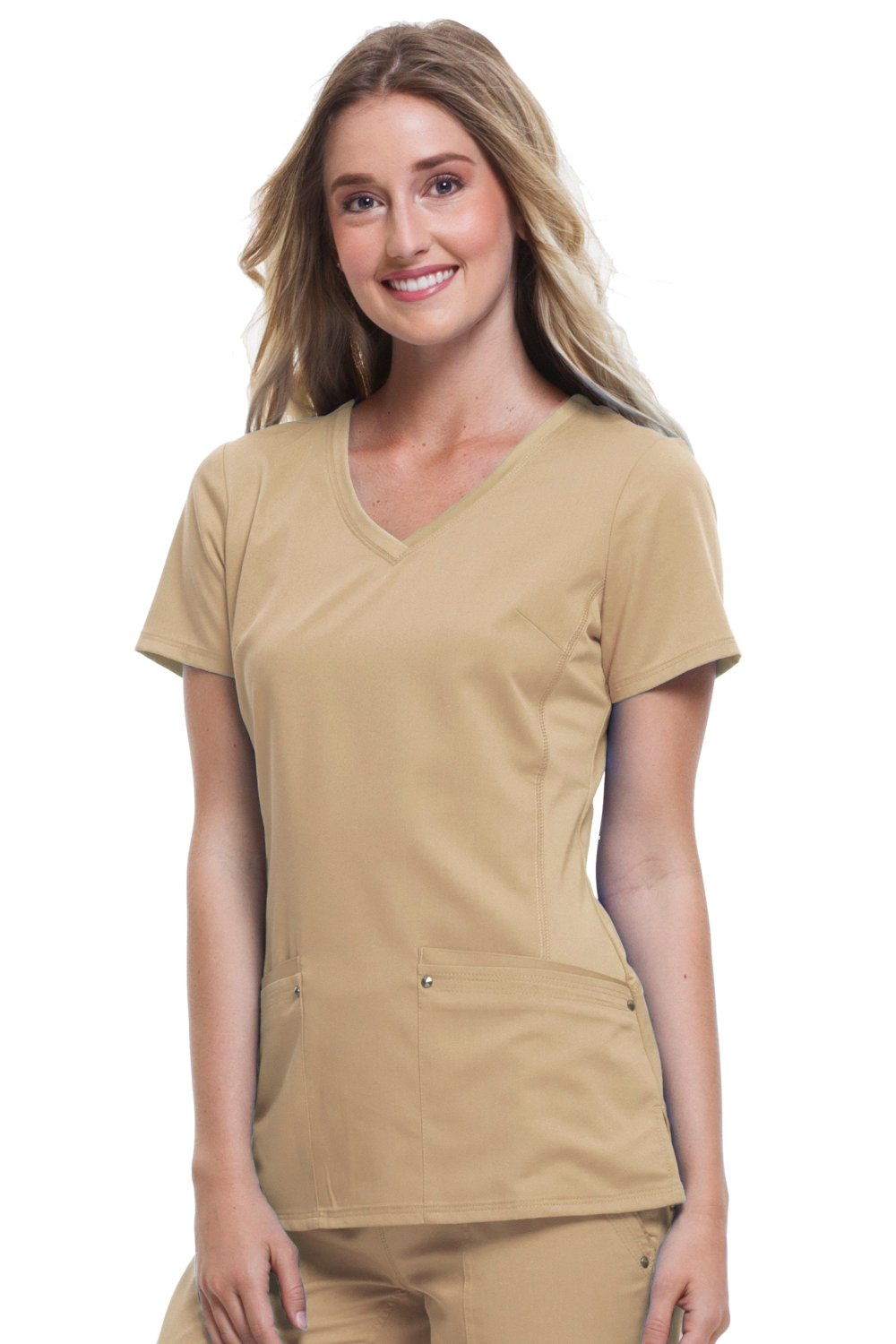 Healing Hands Purple Label Juliet 2245 women's v-neck scrub top in khaki with stretch panels and tailored fit for medical professionals.