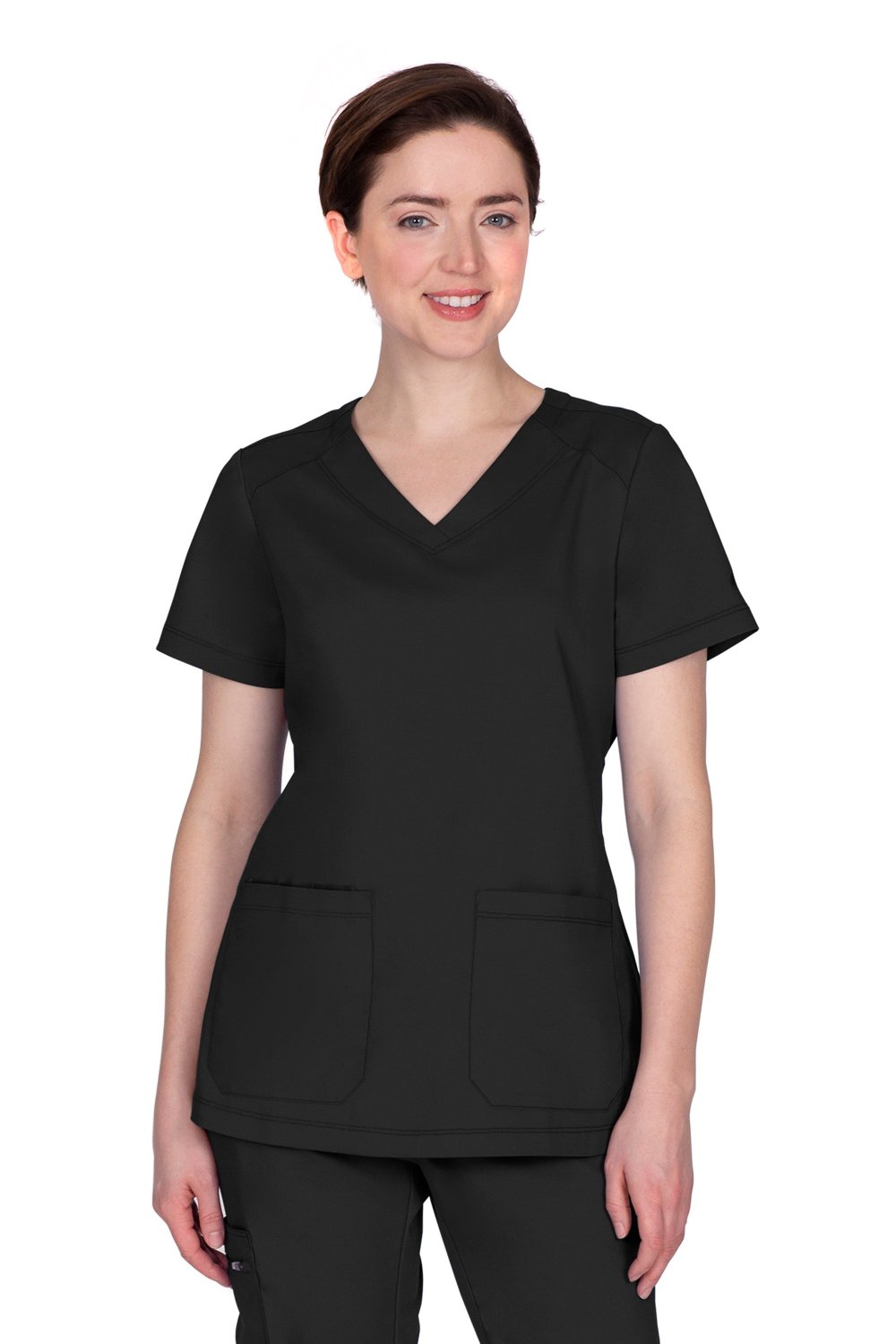Healing Hands Purple Label Jill 2320 women's scrub top in black - front view showing two pockets and tailored fit.