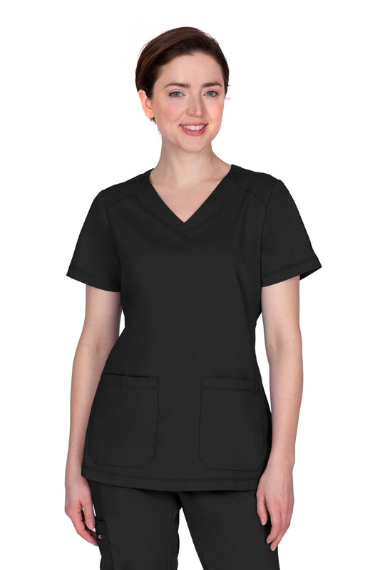Healing Hands Purple Label Jill 2320 women's scrub top in black - front view showing two pockets and tailored fit.