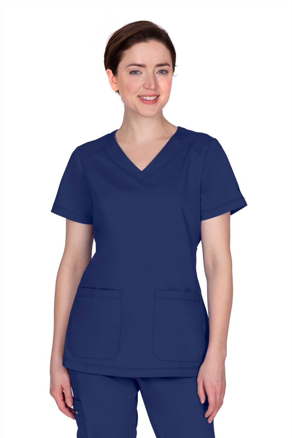 Healing Hands Purple Label Jill 2320 women's scrub top in navy blue - front view with stretch fabric and side slits.