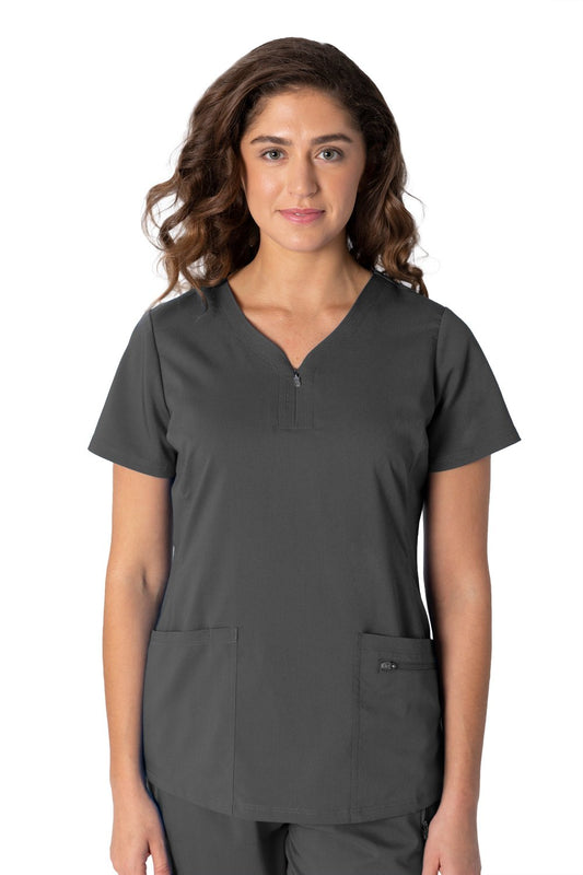 Healing Hands Purple Label 2341 Jeni Women's Scrub Top in Pewter Grey — zipper neckline, 3-pocket design, sizes XS–2XL.