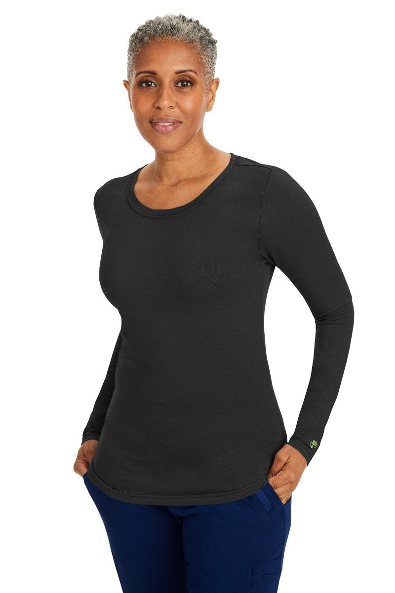 Healing Hands Melissa 5047 long sleeve underscrub tee in black — 57% cotton blend, slim layering fit for healthcare professionals