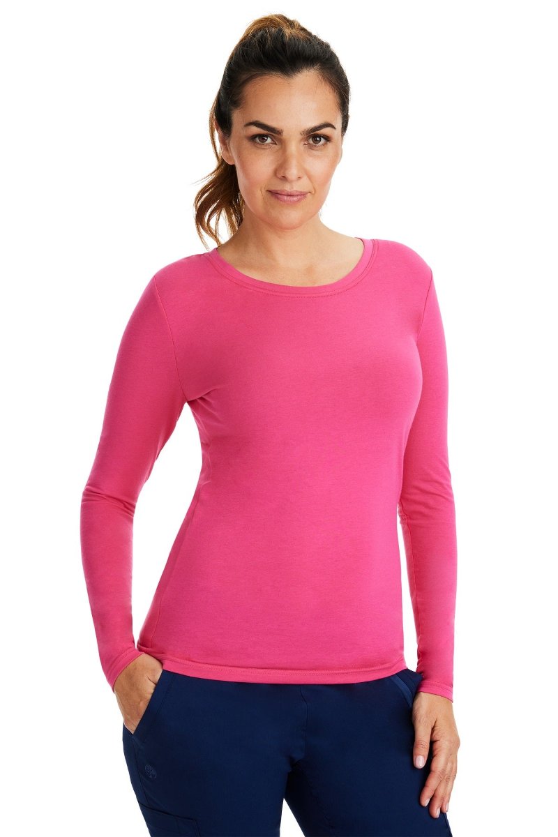 Healing Hands Melissa 5047 long sleeve underscrub tee in carnation pink — 57% cotton blend, slim layering fit for healthcare professionals