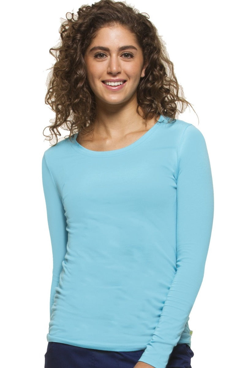Healing Hands Melissa 5047 long sleeve underscrub tee in turquoise — 57% cotton blend, slim layering fit for healthcare professionals