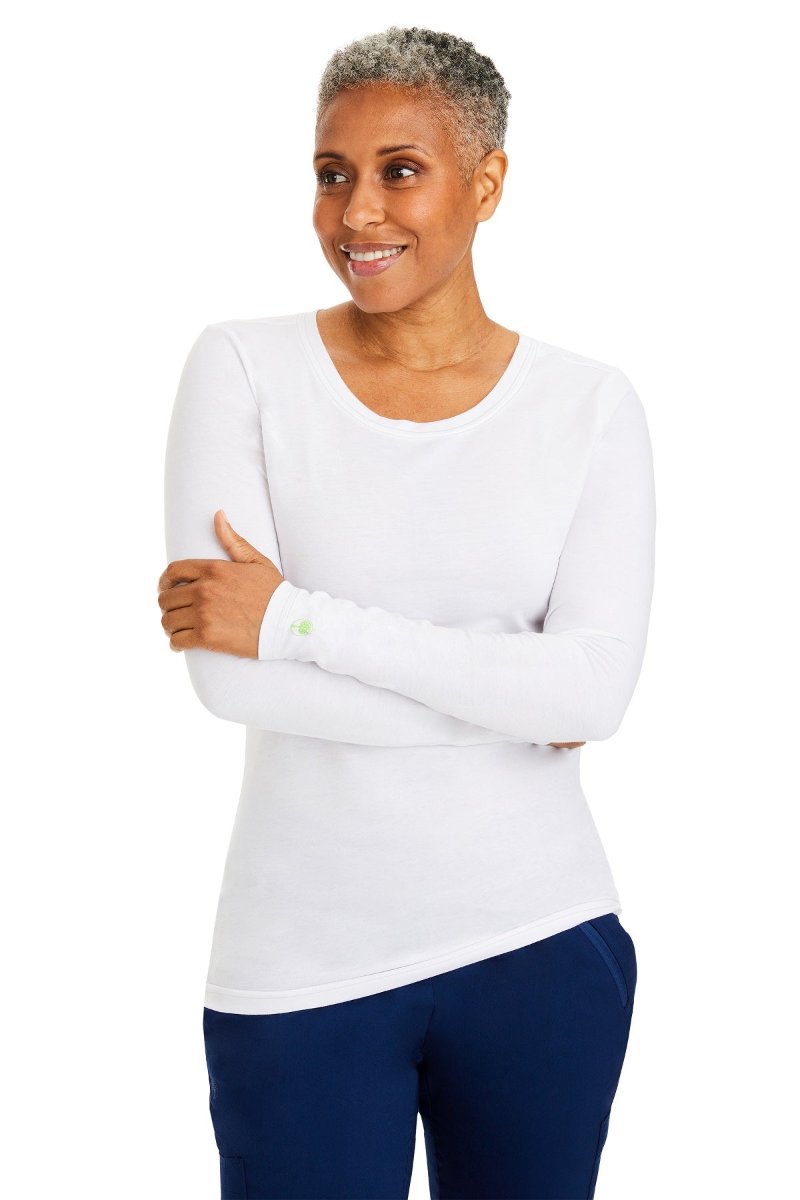 Healing Hands Melissa 5047 long sleeve underscrub tee in white — 57% cotton blend, slim layering fit for healthcare professionals