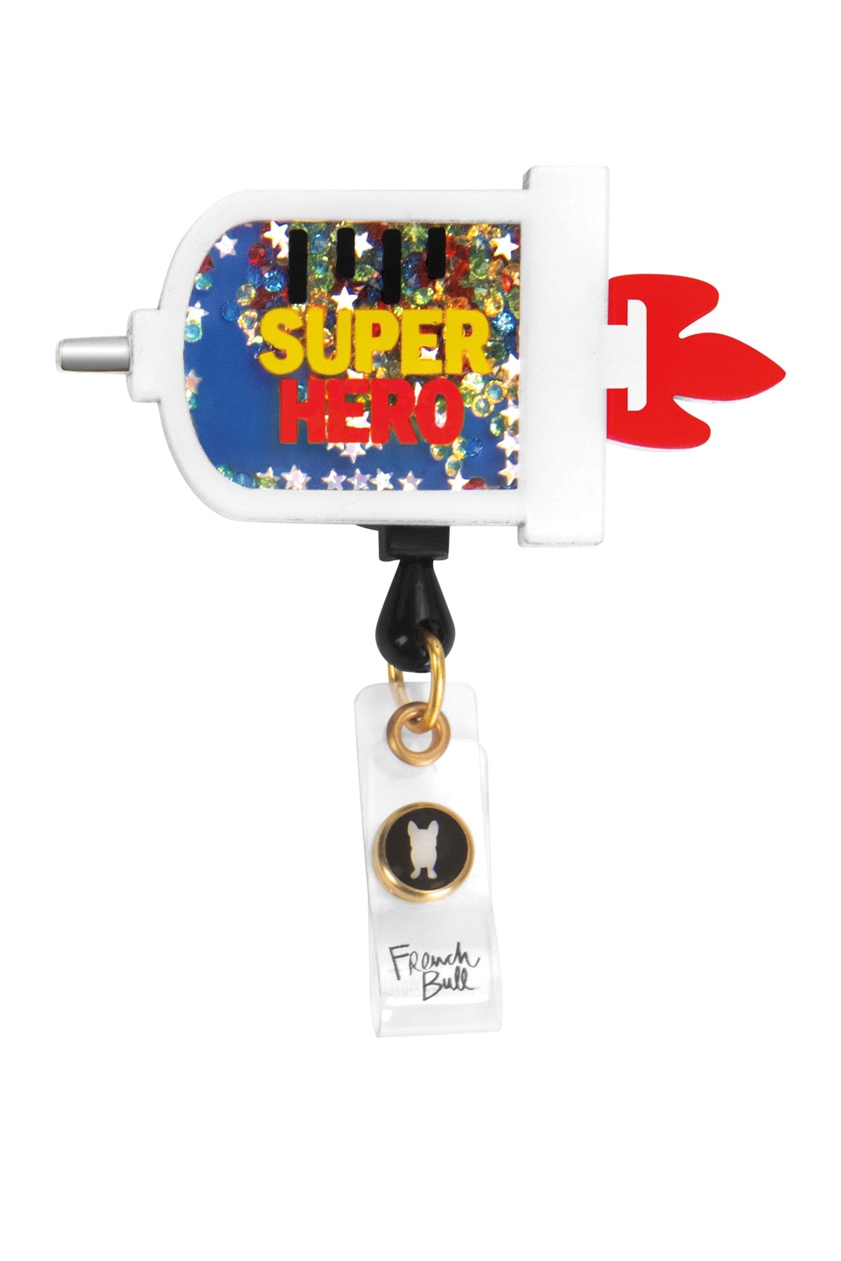 koi French Bull Super Hero Shot Shaker Retractable Badge Reel with colorful superhero-themed design, durable plastic construction for nurses and medical staff.