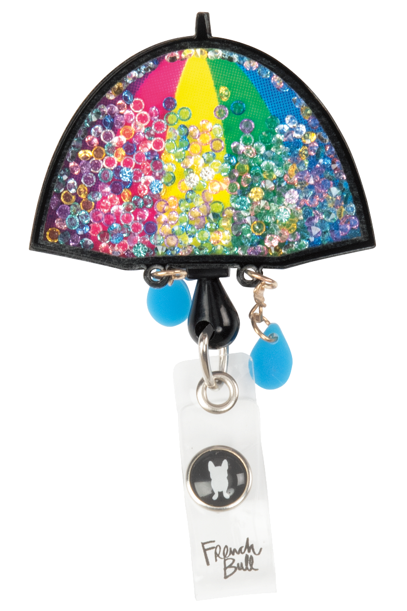 koi French Bull Umbrella Shaker Retractable Badge Reel with vibrant umbrella pattern design, functional ID holder with smooth retractable cord for healthcare workers.