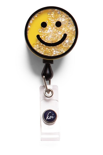 Koi Smiley Face Badge Reel with retractable cord and snap badge holder at Parker's Clothing and Shoes.