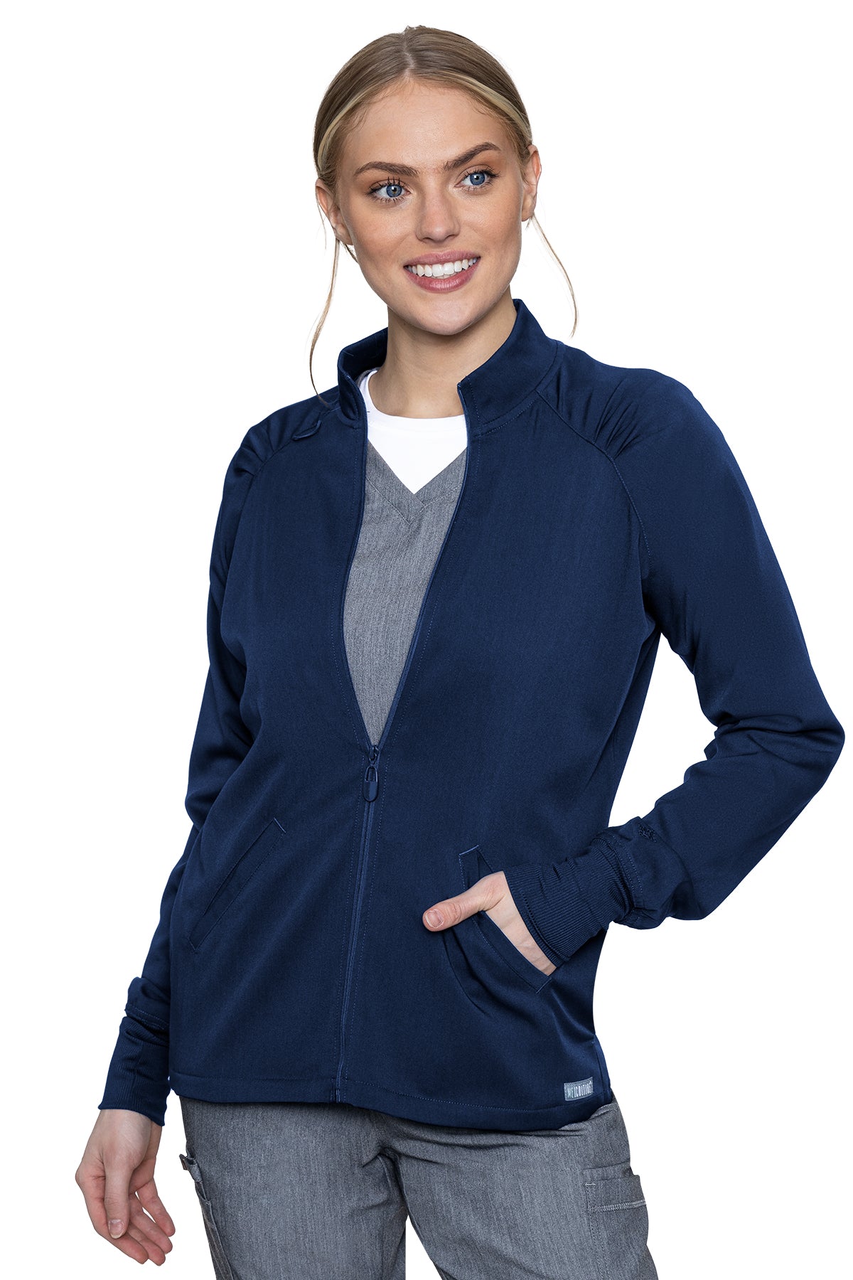 Med Couture Scrub Jacket Touch Raglan Warmup in Navy at Parker's Clothing & Scrubs.