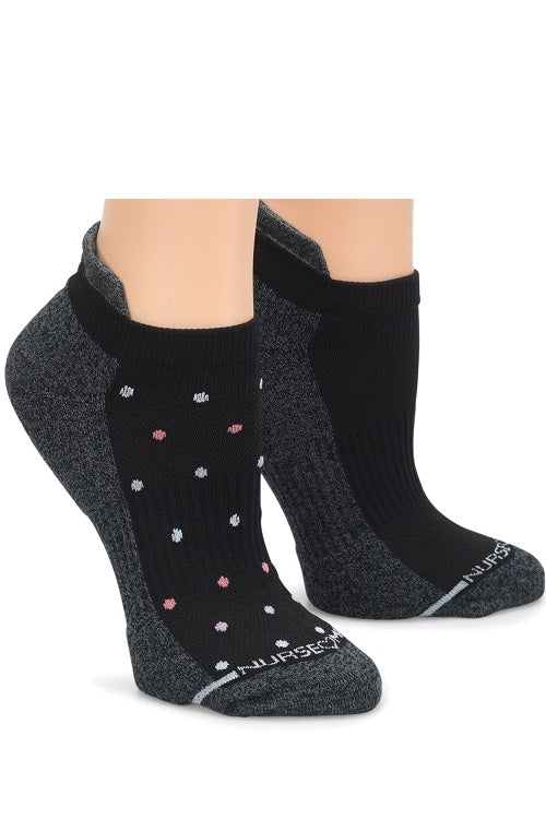 Nurse Mates compression anklet socks 2-pack in classic Black with dots, 15mmHg mild compression with contoured arch support and antimicrobial TrueDry technology, ideal for healthcare workers and travelers.
