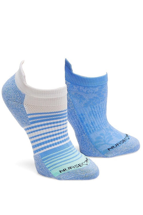 Nurse Mates compression anklet socks 2-pack in Denim Floral Stripe design, 15mmHg compression technology promotes circulation and reduces leg fatigue with antimicrobial moisture-wicking fabric.

