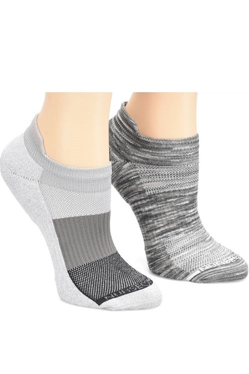 Nurse Mates compression anklet socks 2-pack in Grey Block pattern, 15mmHg graduated compression reduces swelling and energizes tired legs with strategic cushioning at heel and toe.
