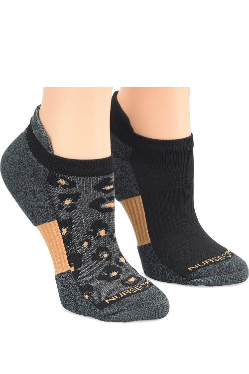 Nurse Mates compression anklet socks 2-pack in Leopard print, 15mmHg compression support with enhanced arch stabilization and antimicrobial odor-control yarns for extended wear comfort.
