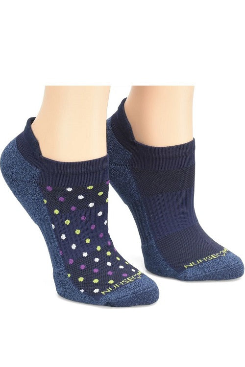 Nurse Mates compression anklet socks 2-pack in Navy Dot design, 15mmHg graduated compression reduces leg fatigue with strategic cushioning and moisture-wicking antimicrobial yarns.
