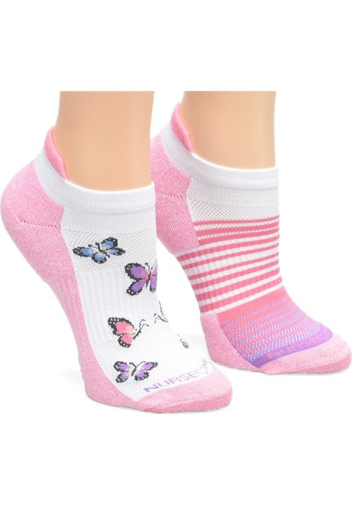 Nurse Mates compression anklet socks 2-pack in Pink Butterfly pattern, 15mmHg mild compression support with enhanced arch cushioning and TrueDry antimicrobial technology for healthcare professionals.
