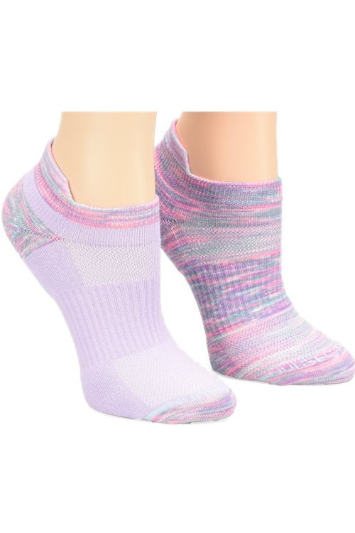 Nurse Mates compression anklet socks 2-pack in Space Dye Lilac colorway, 15mmHg medical-grade compression with contoured arch support and odor-control TrueDry antimicrobial yarns.
