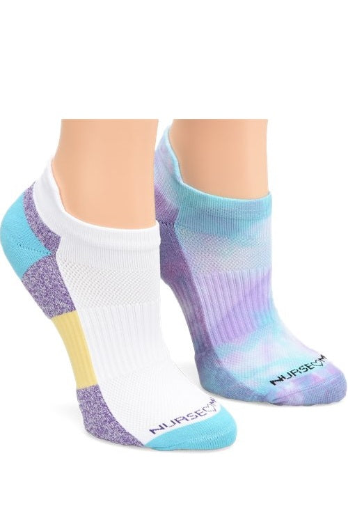 Nurse Mates compression anklet socks 2-pack in Violet Mist Tie Dye pattern, 15mmHg compression support reduces leg fatigue with moisture-wicking antimicrobial TrueDry fabric.

