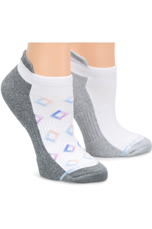 Nurse Mates compression anklet socks 2-pack in classic White Geo, 15mmHg mild compression with enhanced arch stabilization and antimicrobial odor-control technology for healthcare workers.
