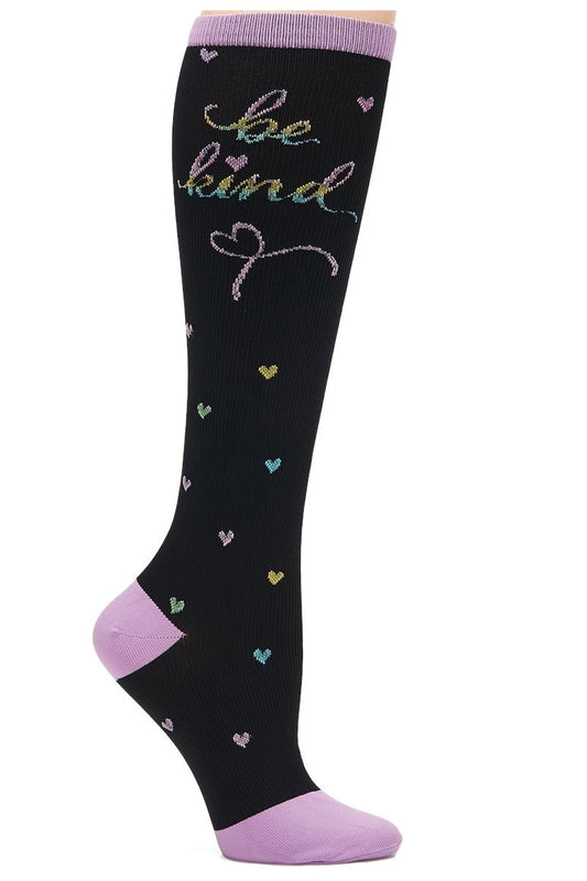Nurse Mates Be Kind compression socks in pink and white gradient with 'Be Kind' text - 12-14 mmHg graduated compression for regular calves up to 17 inches, heel and toe pocket construction for nurses and healthcare workers