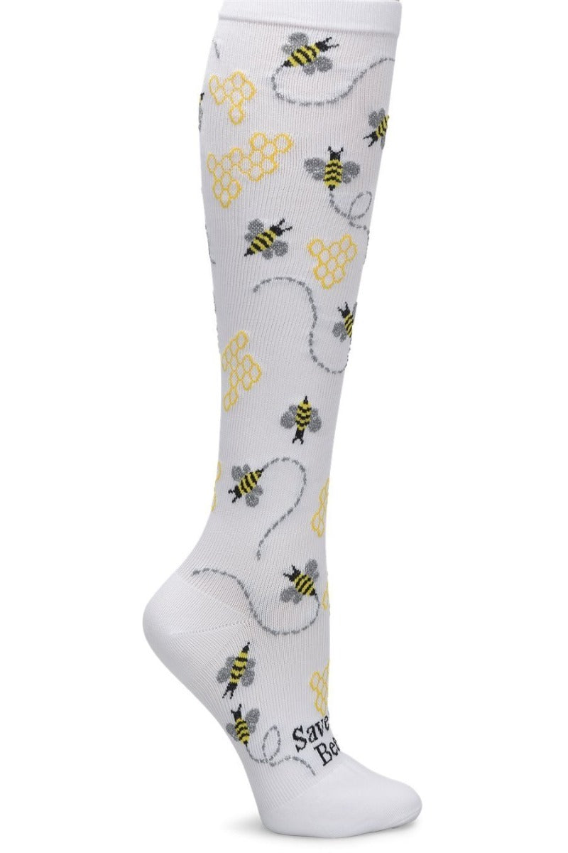 Nurse Mates Save The Bees compression socks with bee conservation message - 12-14 mmHg mild compression for regular calves up to 17 inches, eco-friendly design for nurses and healthcare professionals