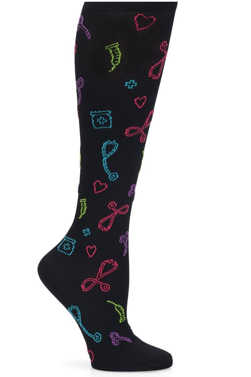 Nurse Mates black compression socks with medical symbols pattern - 12-14 mmHg mild graduated compression for regular calves up to 17 inches, ideal for nursing and healthcare