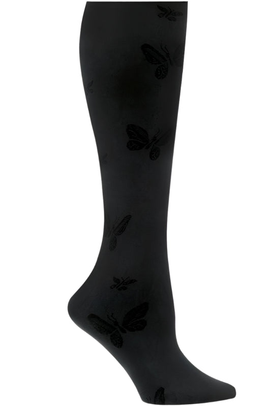 Nurse Mates Butterfly compression socks in black, 8-11 mmHg graduated support, cushioned heel and toe, non-slip top, moisture-wicking fabric for nurses and healthcare professionals.
