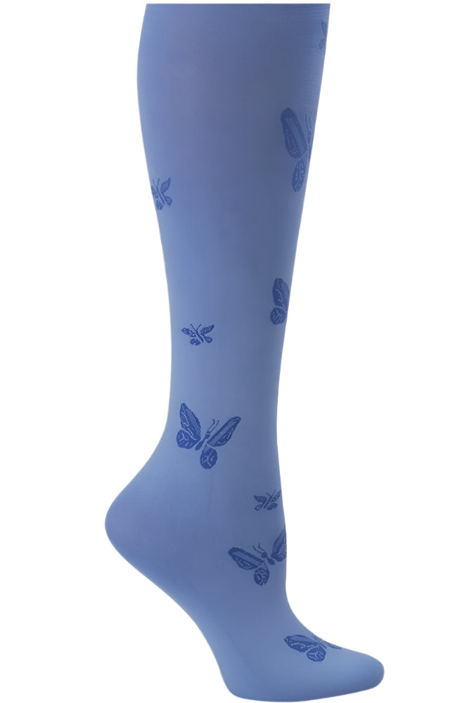 Nurse Mates Butterfly compression socks in ceil blue, 8-11 mmHg graduated support, cushioned heel and toe, non-slip top, moisture-wicking fabric for nurses and healthcare professionals.
